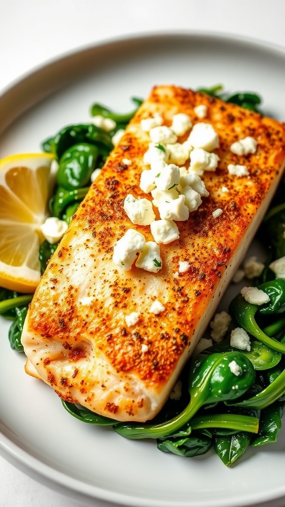 Mahi Mahi fillet with spinach and feta on a plate, garnished with lemon and parsley.